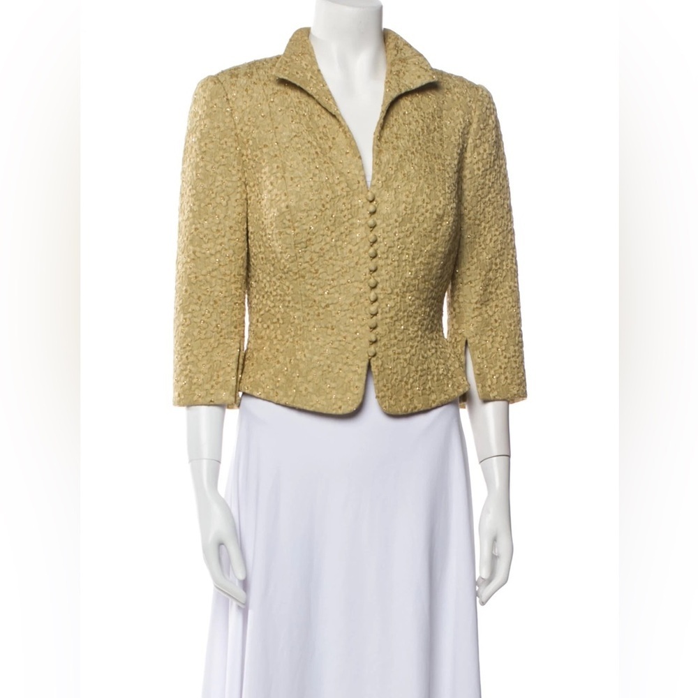 Carmen Marc Valvo | Crinkle Button Front Blazer 4 Brown 3/4 Sleeves Cotton Silk
